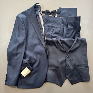 Tony Zenn 3 Piece Tuxedo Suit Navy Slim Fit NWT 40R Vest Bow Tie 36x33.5 READ